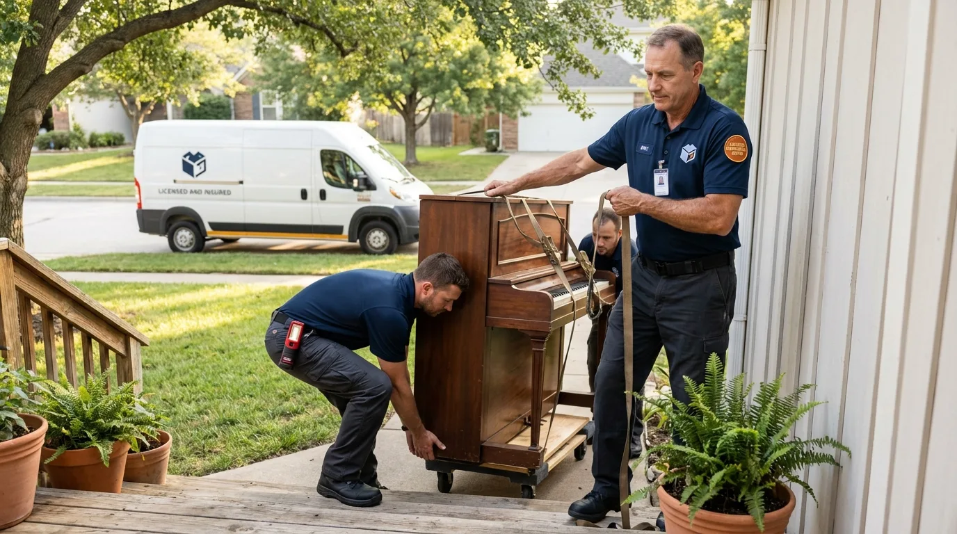 Licensed piano movers securing grand piano in Saint Clair, MI