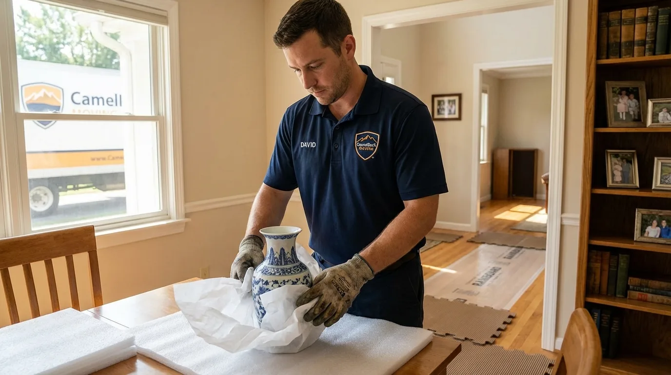 Professional crew carefully wrapping antique vase for senior downsizing move in Saint Clair, MI